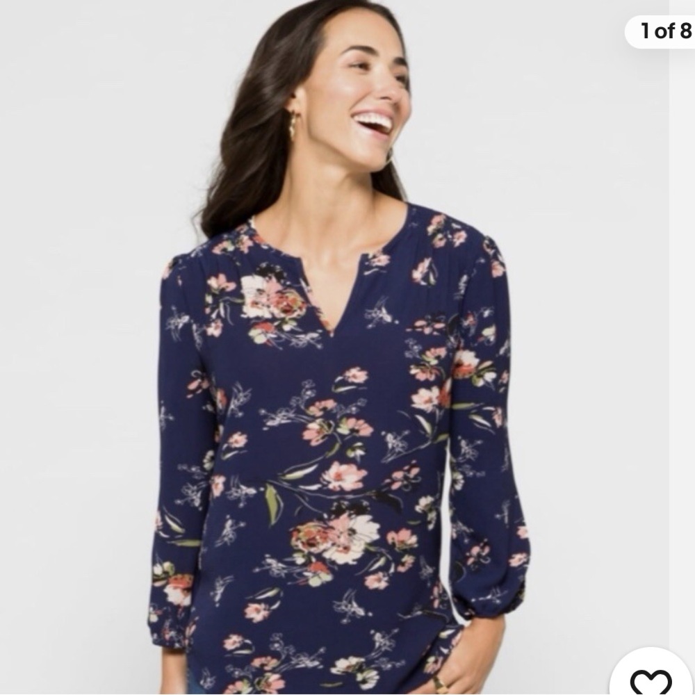 Fun2Fun Navy Floral Boho Split Neck Blouse NWOT